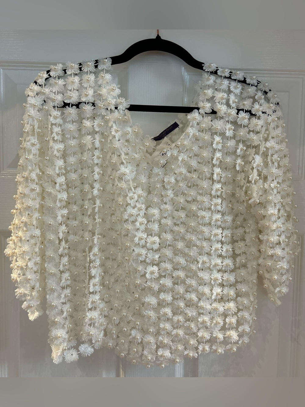 White Daisy Appliqué Pearl-Accent Women's Blouse